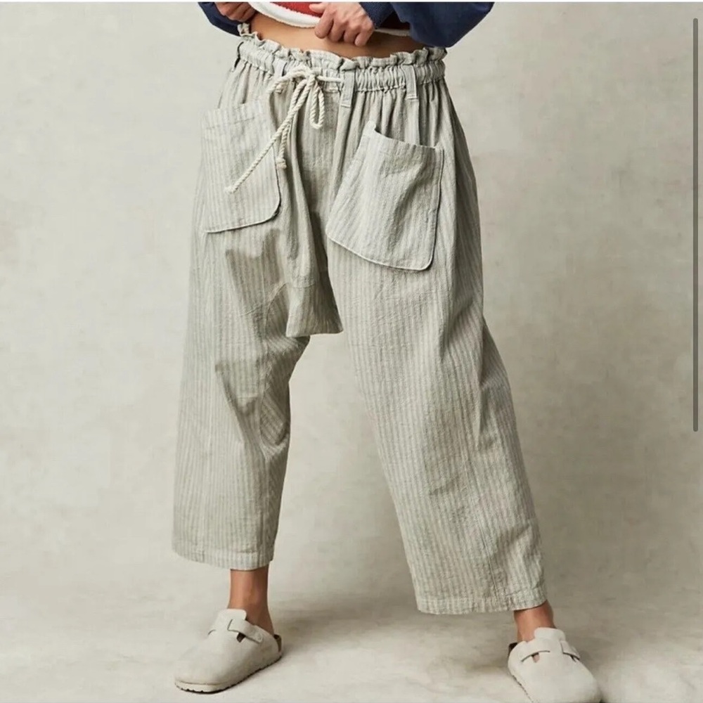 Free People Light Gray Striped Relaxed Drawstring Pants